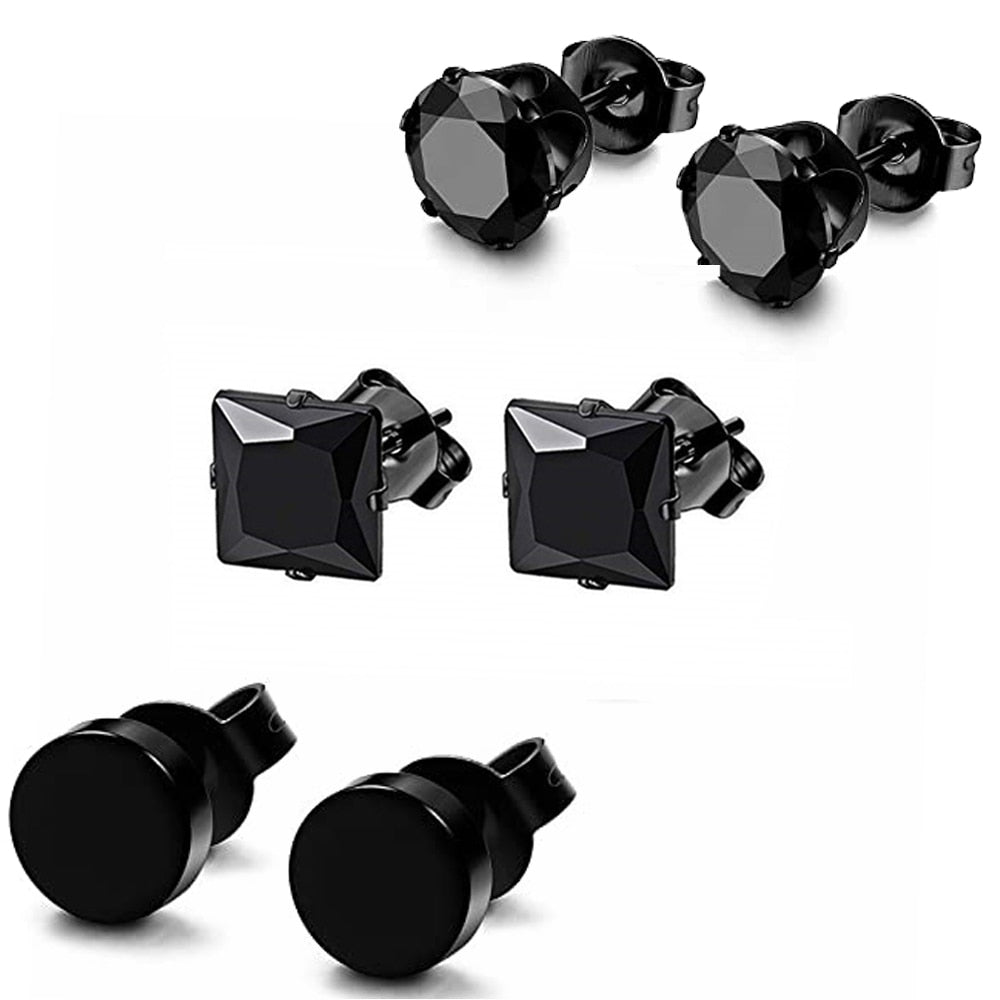 1 Set 3 Pairs Stainless Steel Black Stud Earrings for Men