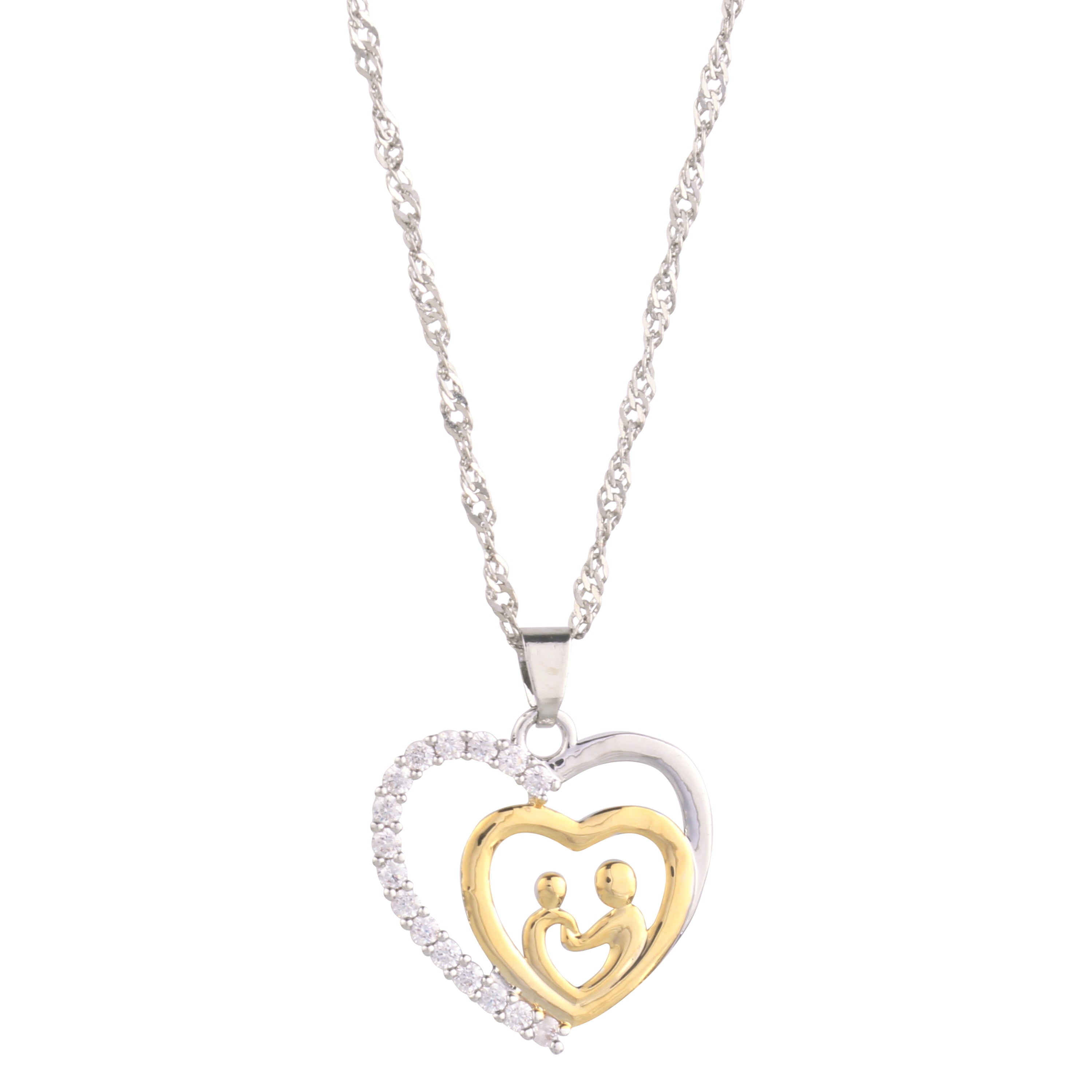 Mother and Child Pave Heart Pendant Necklace for Women