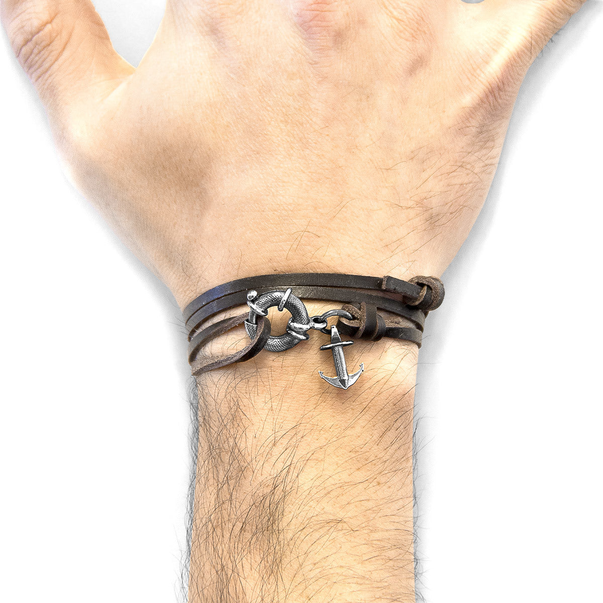 Dark Brown Clyde Anchor Silver & Leather Bracelet