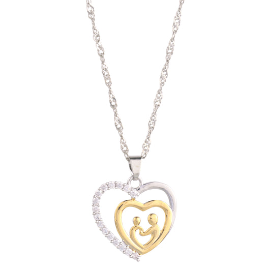 Mother and Child Pave Heart Pendant Necklace for Women